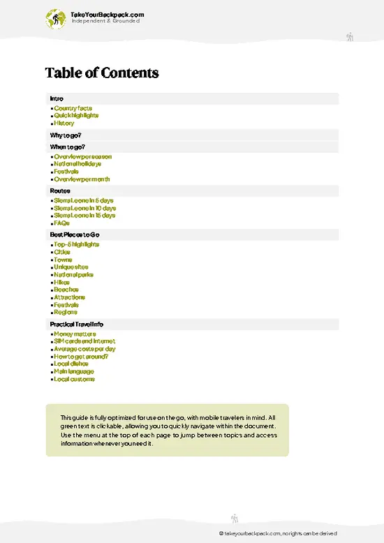example page 2 from our offline Travel Guide for Sierra Leone